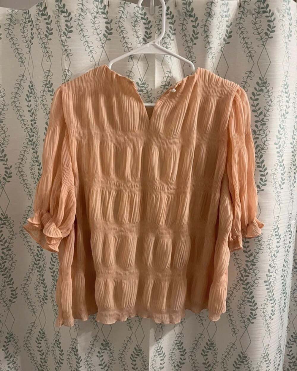 Realstyle Salmon Pink Smocked Pleated Puff Sleeve Blouse